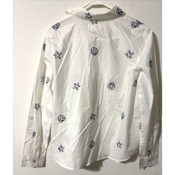 Calypso White with Blue Embroidered Seashells Button Down Blouse Size Small NWT - Picture 4 of 5